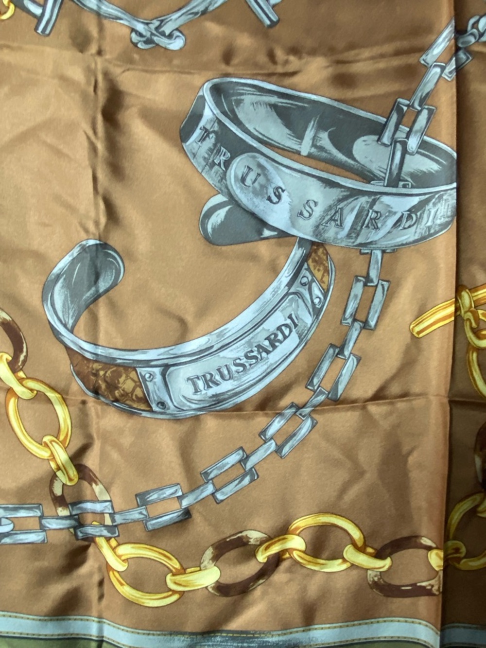 Trussardi Gold and Cream Silk Scarf with Baroque Chain Motif